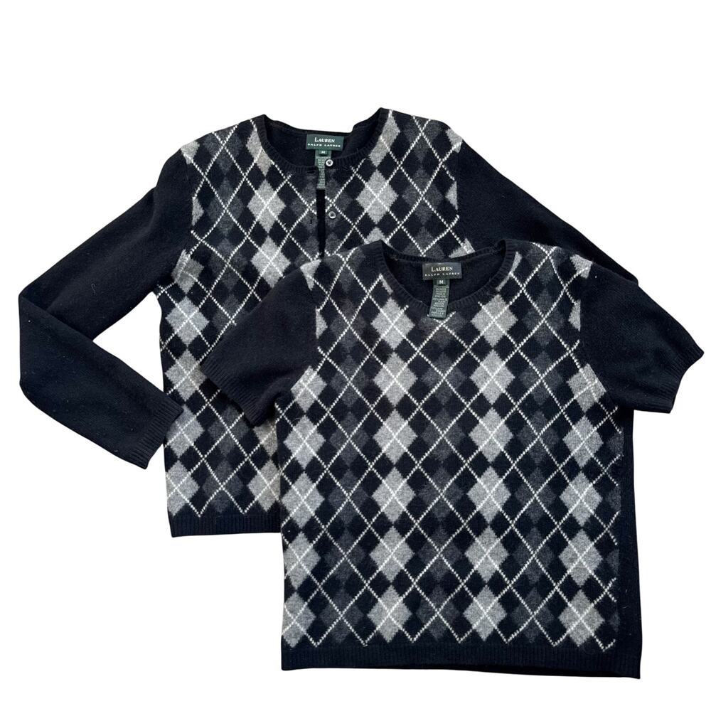 Vtg 1990s Ralph Lauren Lambswool Black Argyle Cardigan and Sweater Set Medium